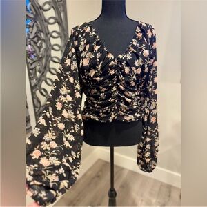 Free People New Final Rose Black Multi Balloon Long Sleeve Boho Blouse Top LARGE